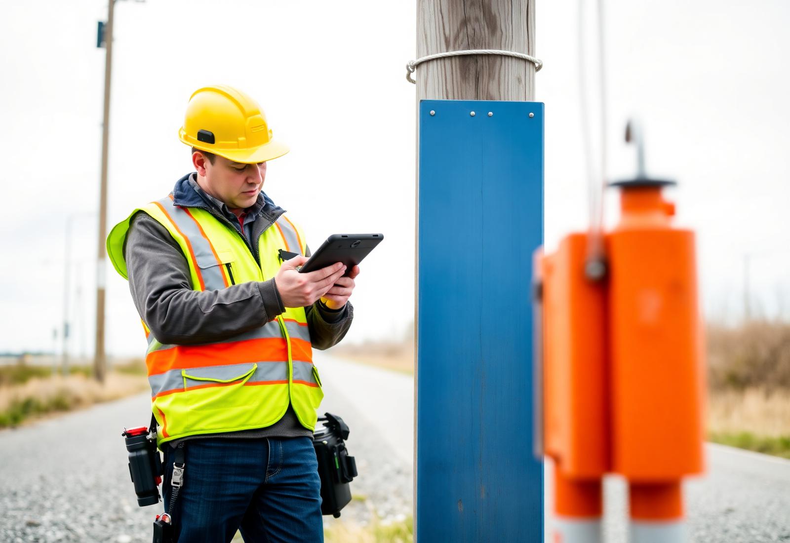 Field inspector recording pole data on a rugged tablet beside a utility pole