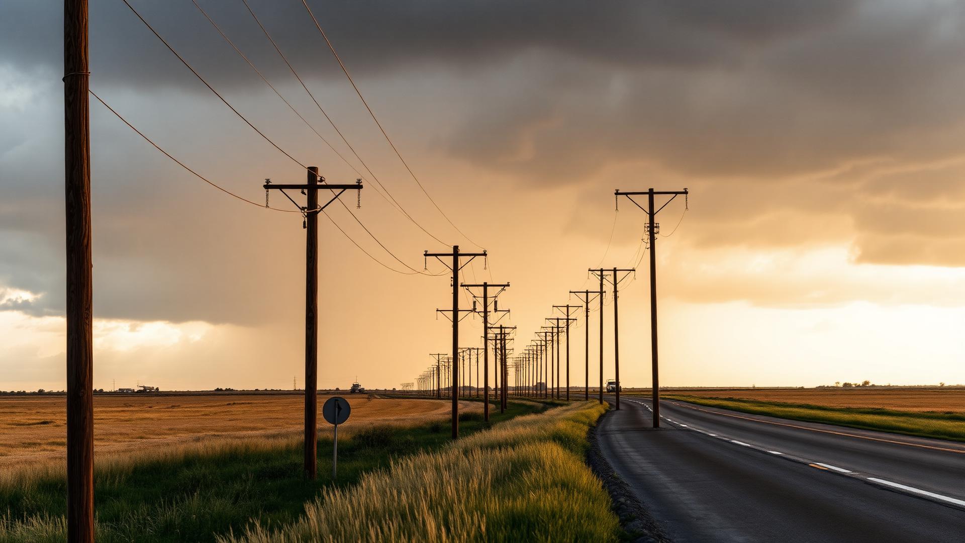 Line of wooden utility distribution poles along a rural Oklahoma highway right-of-way at dusk