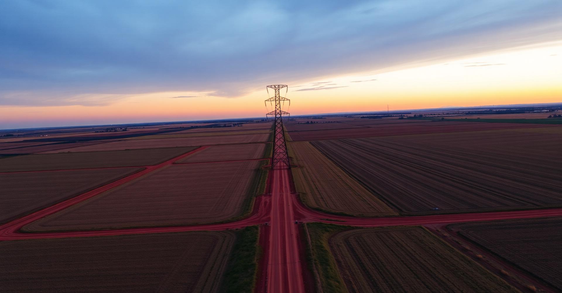 Power line corridor crossing open Oklahoma farmland at dusk